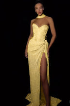 Cocoslly Strapless Sleeveless High Waist Long Split Prom Dress With Appliques And Scarfs | Silver Sequins JZ0147