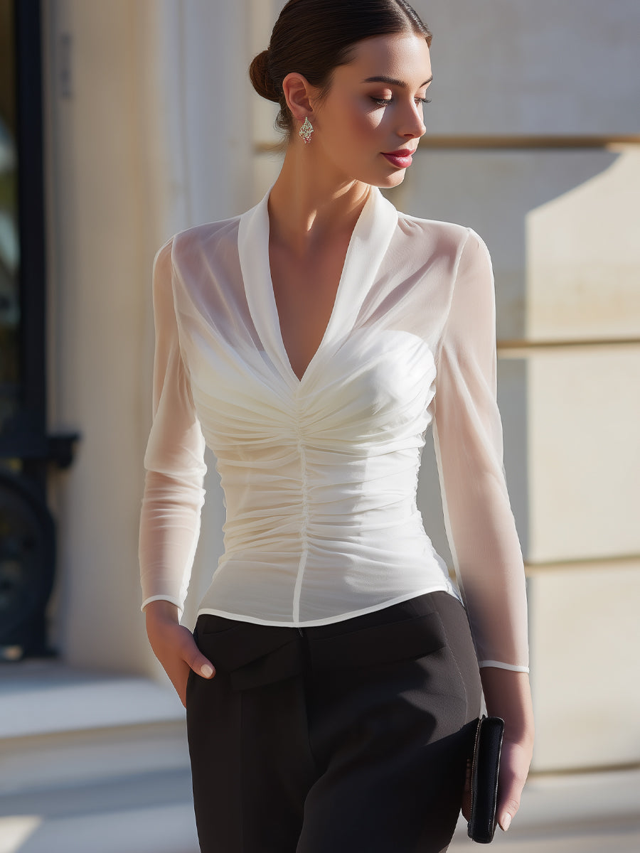 Ruched Sheer Mesh Long Sleeve Sculpted Blouse