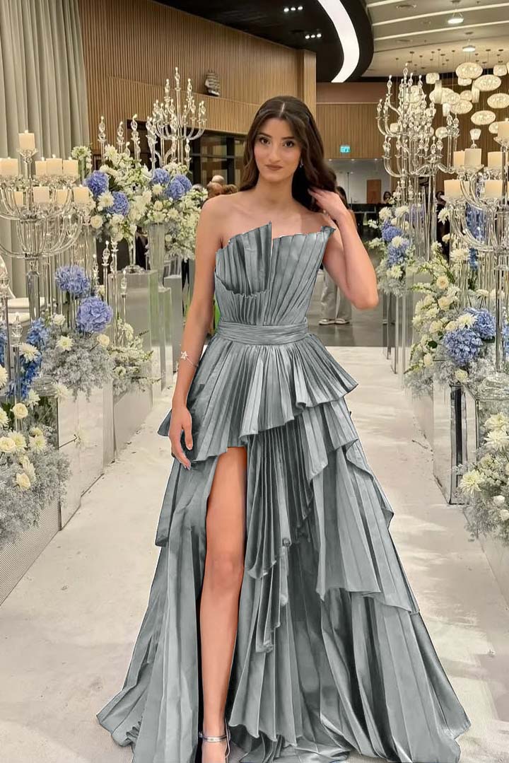 Charming Strapless Sleeveless Long Split Prom Dress With Pleated MS0456