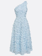 Light Blue 3D Floral Classic One Shoulder Sleeveless A-Line Midi Dress