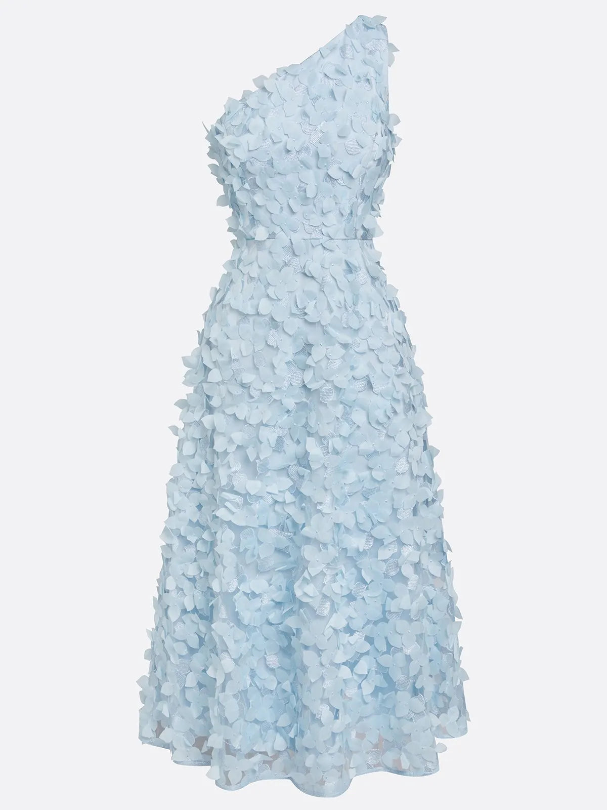 Light Blue 3D Floral Classic One Shoulder Sleeveless A-Line Midi Dress
