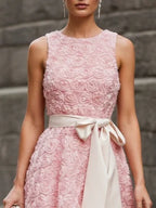 Pink 3D Floral Bow Crew Neck A-Line Midi Dress With Pockets