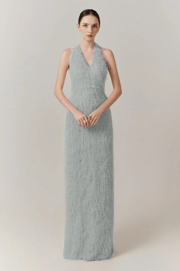 Cocoslly Halter Sleeveless High Waist Long Prom Dress With Tassel | Blushing Pink Feather JZ0095
