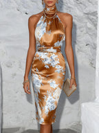 Brown Floral Satin Halter Sleeveless Sheath Midi Dress
