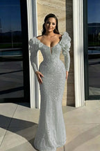Cocoslly Strapless Long Sleeves High Waist Long Mermaid Prom Dress With Rhinstone And Flowers | Red Sequins WQ0744