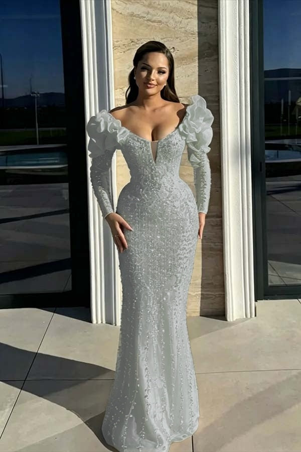 Cocoslly Strapless Long Sleeves High Waist Long Mermaid Prom Dress With Rhinstone And Flowers | Red Sequins WQ0744