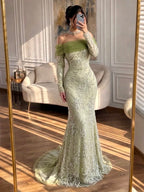 Cocoslly Off-The-Shoulder Long Sleeves High Waist Long Mermaid Prom Dress With Applique |  Green Tulle CO0111