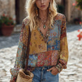 Retro Paisley Floral Spliced V-neck Long Sleeve T-shirt