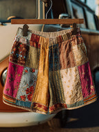 Countryside Style Collection Classy Patchwork Floral Pattern Art Linen Shorts