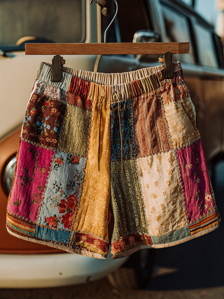 Countryside Style Collection Classy Patchwork Floral Pattern Art Linen Shorts