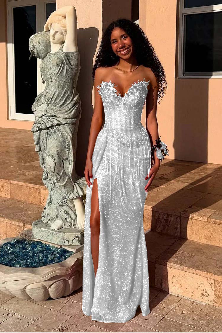 Red Strapless Sleeveless Long Mermaid Prom Dress With Sequins Split XJ0657