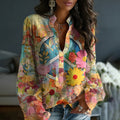 Women's Floral In Gradient Art Print Flowy Linen Blend  Tops