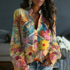 Women's Floral In Gradient Art Print Flowy Linen Blend  Tops