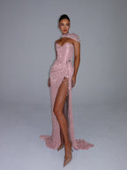 Cocoslly Strapless Sweetheart Sleeveless High Waist Long Split Prom Dress With Shawl | Silver Grey Sequins YK1275