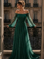 Cocoslly Off-The-Shoulder Long Sleeves High Waist Long Prom Dress With Sequins | Mist Mint Green Tulle LX0086