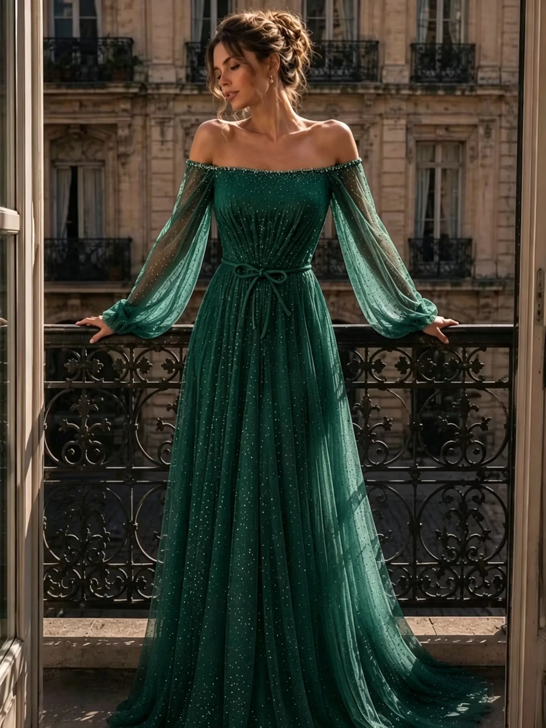 Cocoslly Off-The-Shoulder Long Sleeves High Waist Long Prom Dress With Sequins | Mist Mint Green Tulle LX0086
