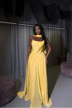 Cocoslly Strapless Sleeveless High Waist Long Prom Dress With Appliques And Scarf | Daffodil Chiffon YQ0072