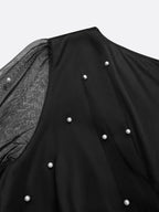 Black Beaded Slit Satin V Neck Long Sleeve Balloon Sleeve Sheath Midi Dress