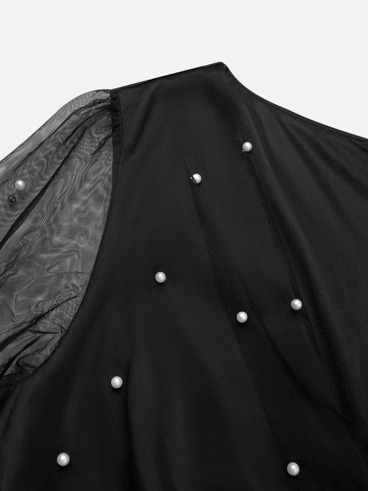 Black Beaded Slit Satin V Neck Long Sleeve Balloon Sleeve Sheath Midi Dress