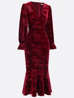 Wine Red Embossed Jacquard Velvet V Neck Long Sleeve Bell Sleeve Mermaid Maxi Dress