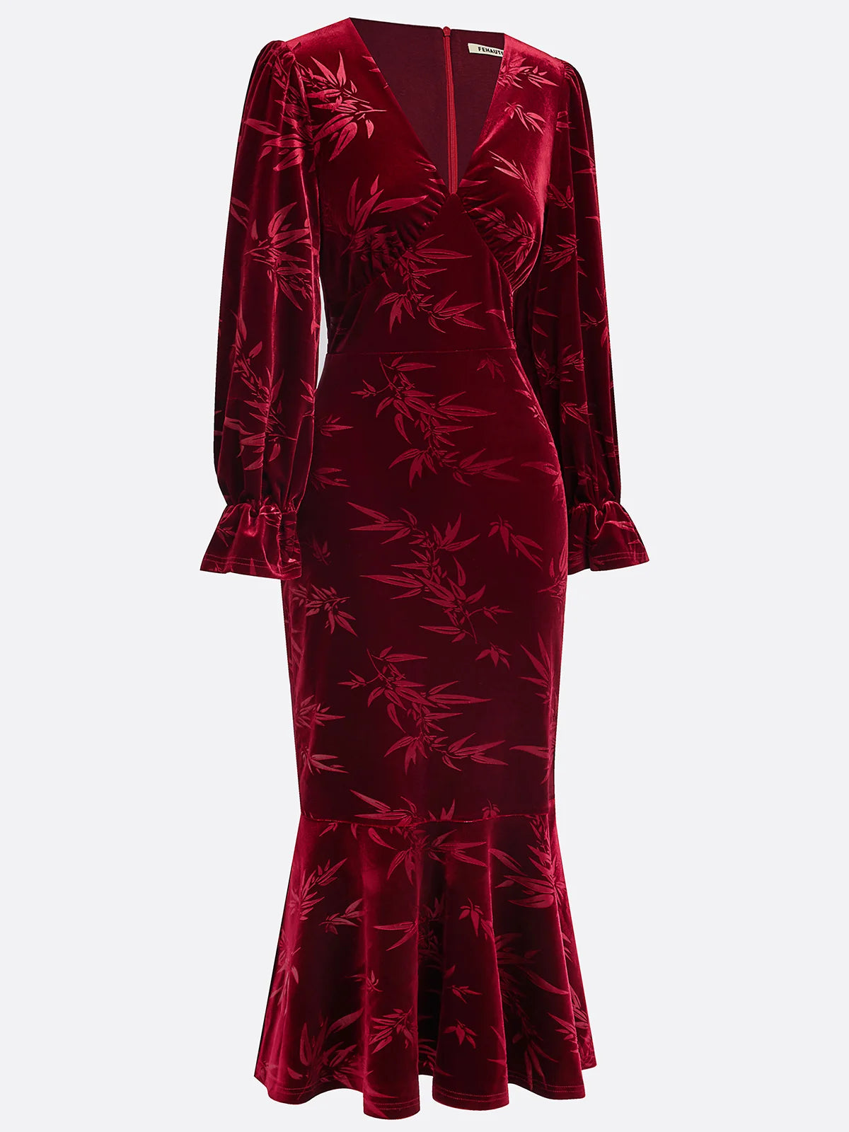 Wine Red Embossed Jacquard Velvet V Neck Long Sleeve Bell Sleeve Mermaid Maxi Dress