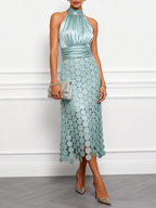 Women Light Green Satin Ruched Halter Neck Sleeveless A-Line Midi Dresses