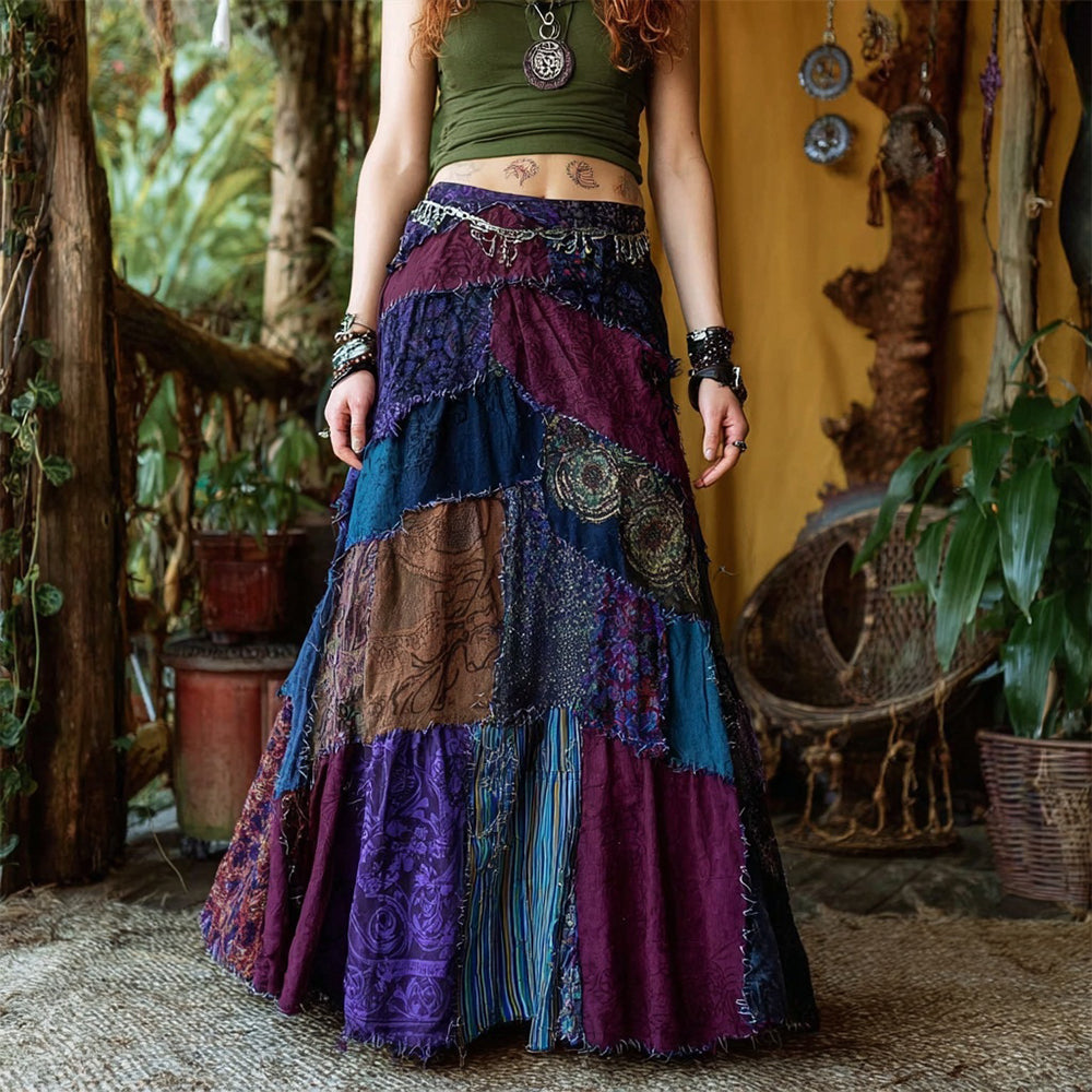 Hippie Bohemian Inspired Patchwork Cozy Linen Skirt