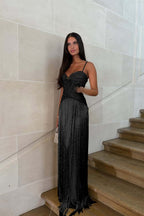 Cocoslly Spaghetti Straps Sleeveless Long Prom Dress With Beadings Tassel | Gold Beaded-Embroidered ZA0298