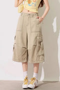 Khaki American-style loose-fitting multi-pocket cargo capri pants