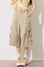 Khaki American-style loose-fitting multi-pocket cargo capri pants