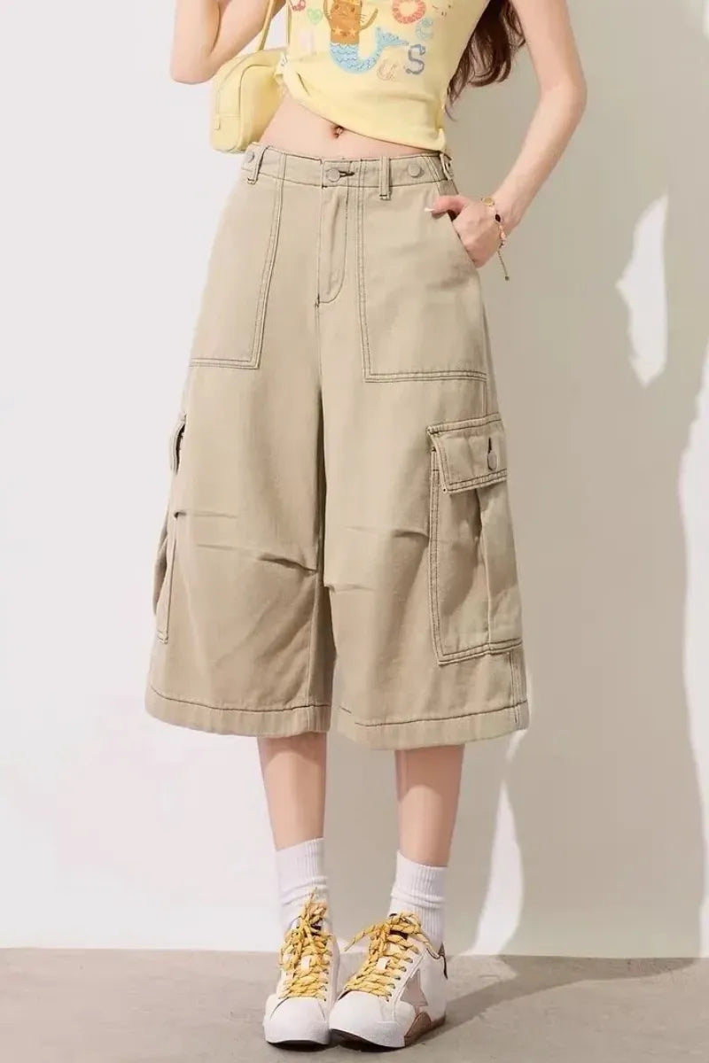 Khaki American-style loose-fitting multi-pocket cargo capri pants