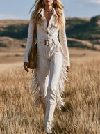 Vintage-style Western White Faux-suede Collared Fringe Jumpsuit