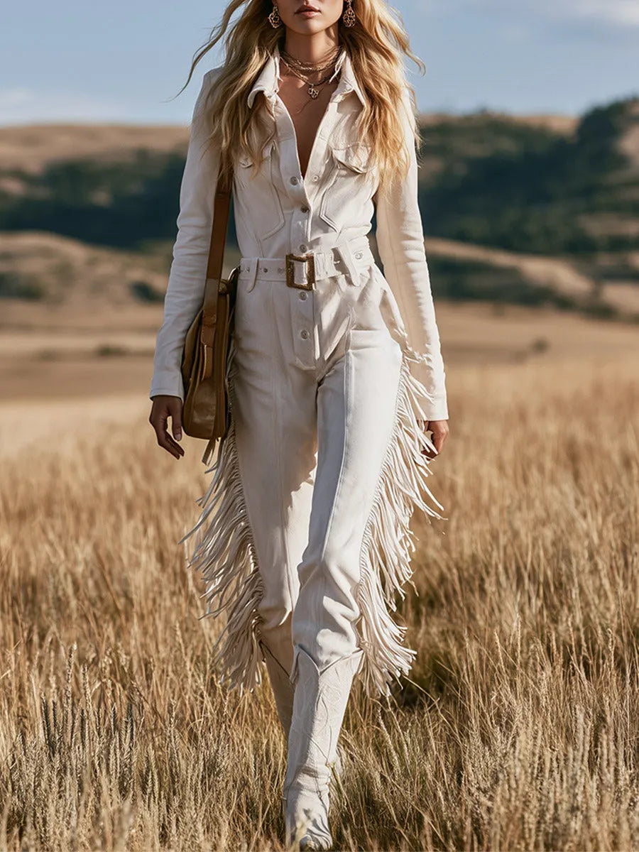 Vintage-style Western White Faux-suede Collared Fringe Jumpsuit