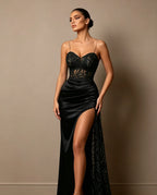 Cocoslly Spaghetti Straps Sleeveless High Waist Long Prom Dress With Split And Beading Pearls | Dark Green Satin LX0098