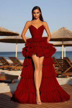 Cocoslly Strapless Sleeveless High Waist Long A Line Prom Dress With Ruffles | Champage Glod Satin YC0487
