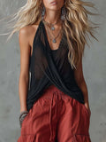 Retro Casual Black V-Neck Mesh Top