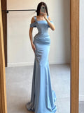 Cocoslly Off-The-Shoulder Sleeveless High Waist Long Mermaid Prom Dress With Pleated | Sky Blue Satin CO0155