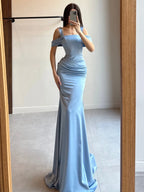 Cocoslly Off-The-Shoulder Sleeveless High Waist Long Mermaid Prom Dress With Pleated | Sky Blue Satin CO0155