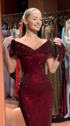 Cocoslly Off-The-Shoulderr Sleeveless High Waist Long Mermaid Prom Dress With Sequins | Burgundy Sequins CO0208
