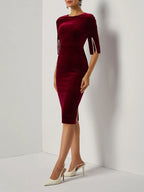 Wine Red Faux Pearl Velvet Boat Neck Half Sleeve Sheath Midi Dress