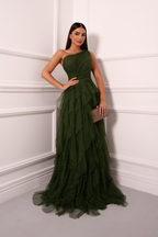 Cocoslly One Shoudler Sleeveless High Waist Long Prom Dress With Ruffles | Forest Green Tulle ZT0560
