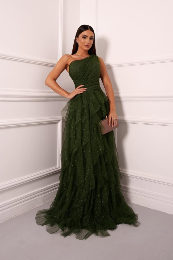 Cocoslly One Shoudler Sleeveless High Waist Long Prom Dress With Ruffles | Forest Green Tulle ZT0560
