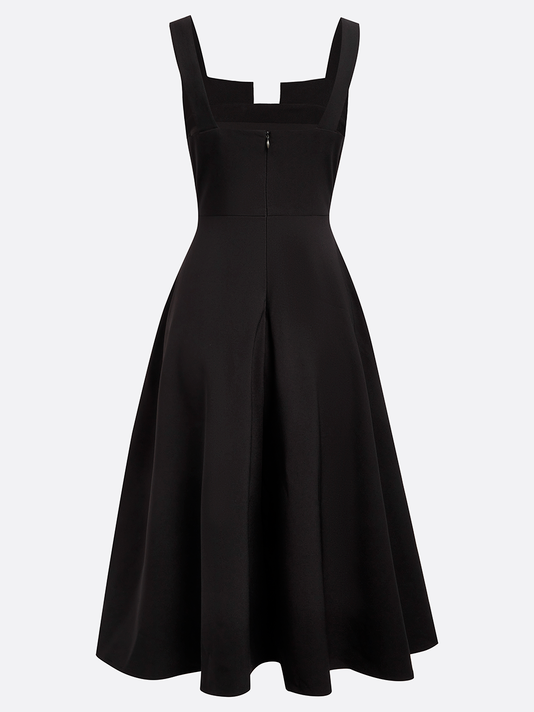 Black Buckle Notched Sleeveless A-Line Midi Dress With Pockets