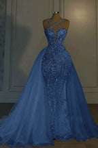 Cocoslly Halter Sleeveless Long Mermaid Prom Dress With Sequins Beadings And Tulle Ruffle | Ivory Tulle YL0335
