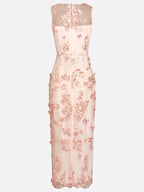 Pink Lace Embroidery Applique Crew Neck Sleeveless Sheath Maxi Dress