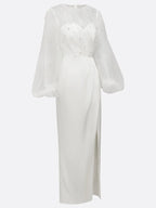 White Faux Pearl Side-Slit Classic Crew Neck Long Sleeve Puff Sleeve Sheath Bridal Gown Dress