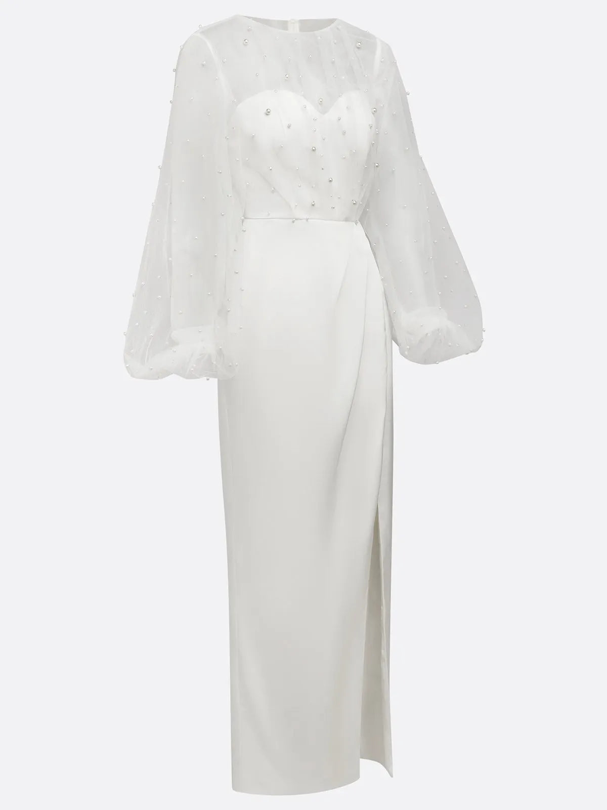 White Faux Pearl Side-Slit Classic Crew Neck Long Sleeve Puff Sleeve Sheath Bridal Gown Dress