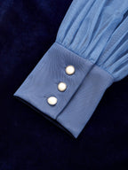 Navy Blue Mesh Split Joint Balloon Sleeve Sheath Midi Velvet Dress