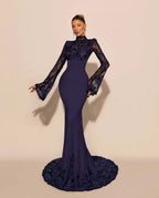 High Neck Lace Long Sleeves Long Mermaid Prom Dress With Pleated YK0572