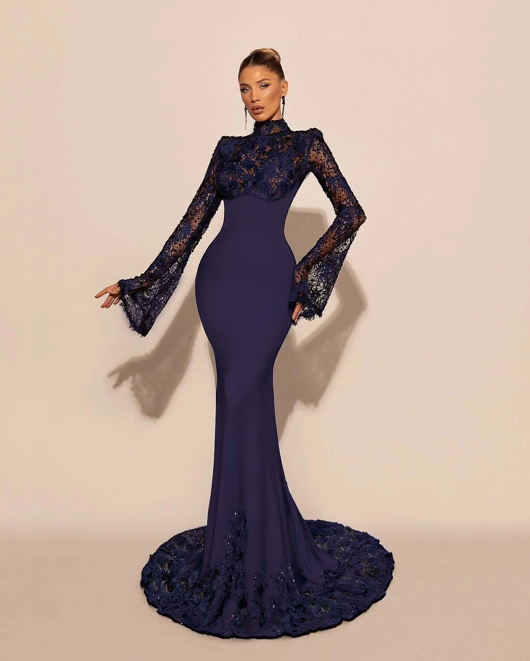High Neck Lace Long Sleeves Long Mermaid Prom Dress With Pleated YK0572